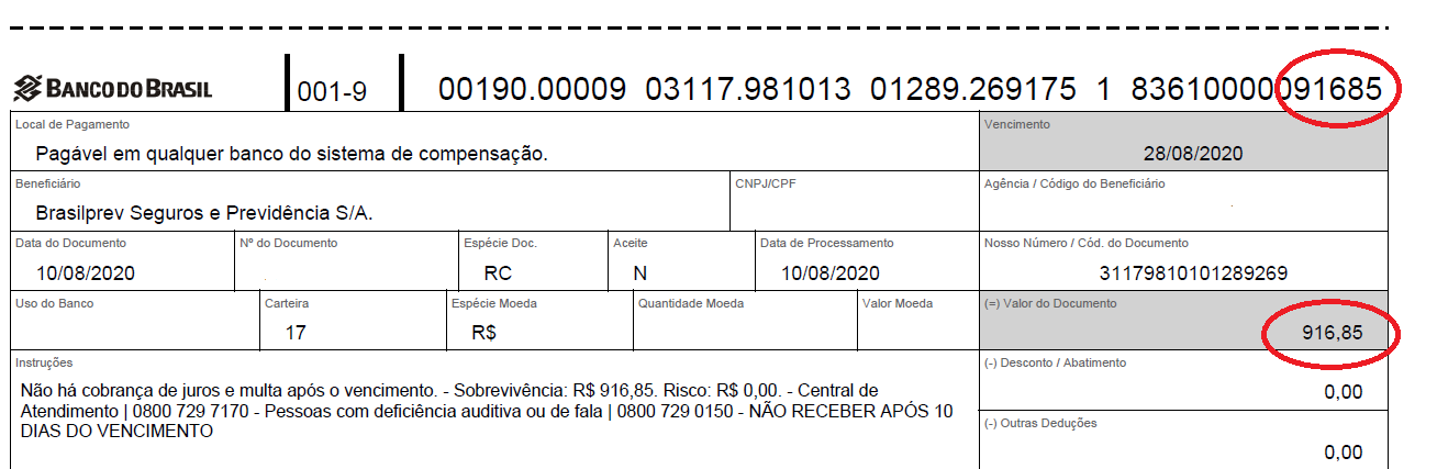 Dígitos finais do Boleto Brasilprev contém o valor a pagar